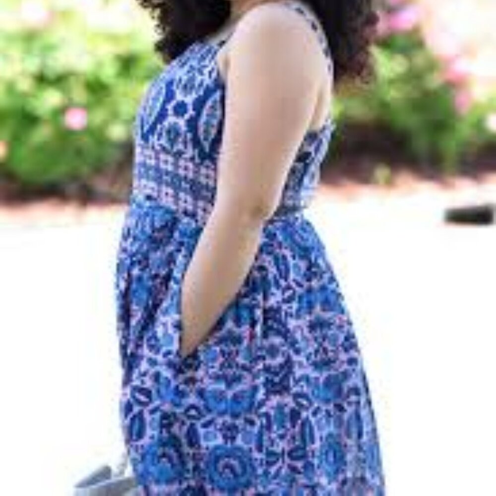 Taylor Retro Pink & Blue Floral Pleated Dress With Pockets Spaghetti Straps - Picture 2 of 16